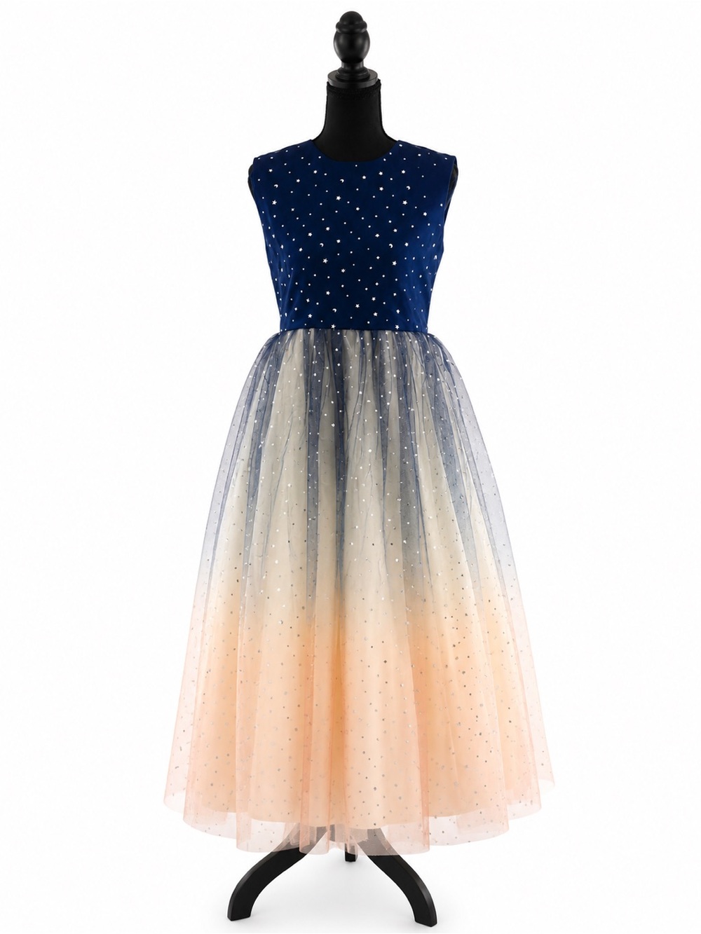 Sleeveless Evening Gown with Ombre Tulle Skirt in Navy and Peach